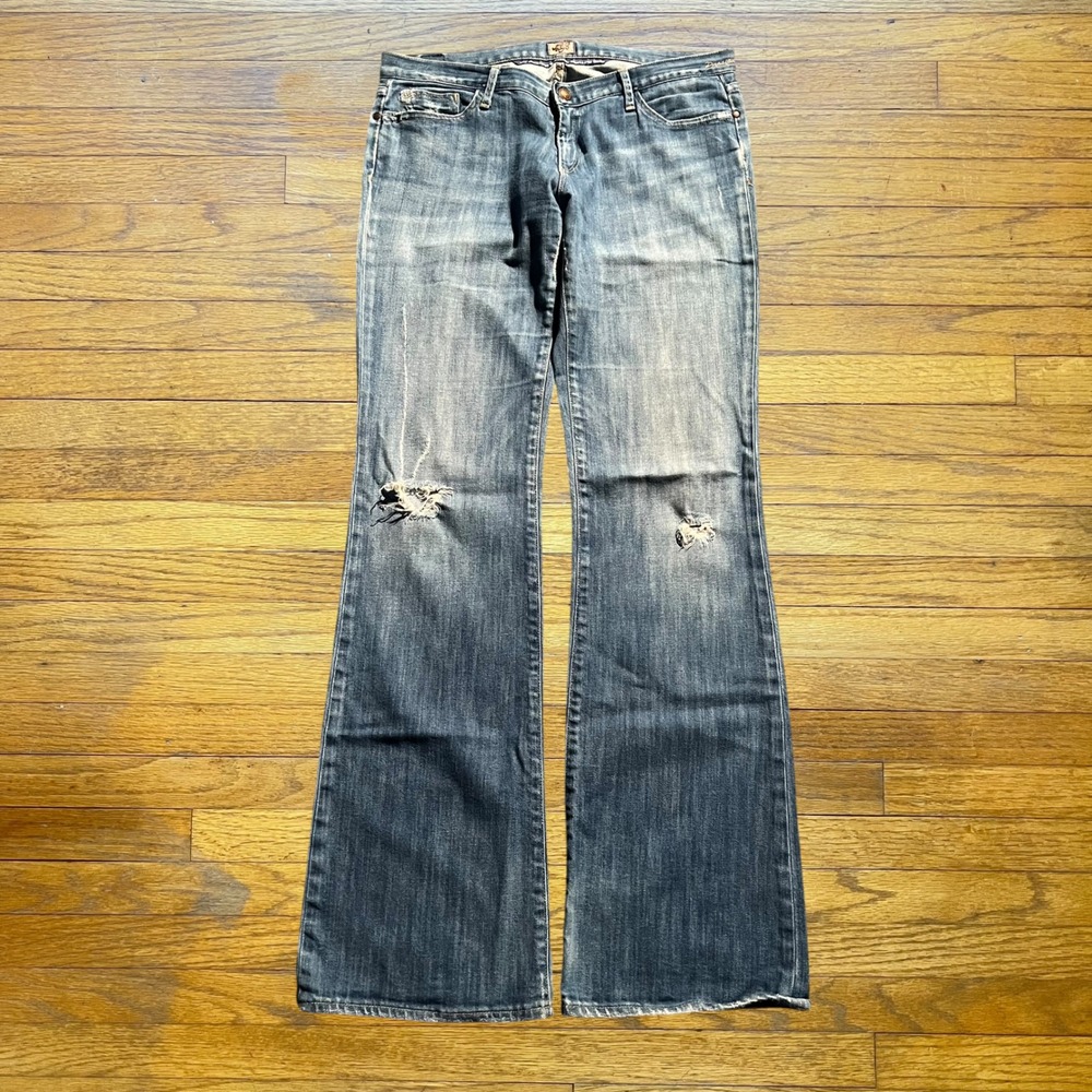 J&Company Womens Distressed Flare Jeans Blue Embroidered Low Rise Size 30